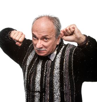 aggressive man with raised fists isolated on white