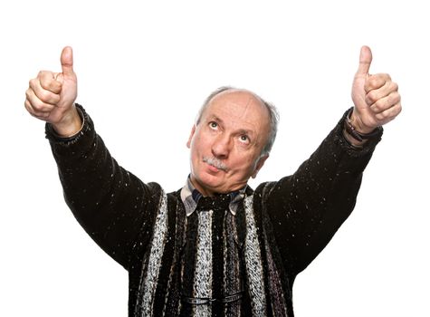 Successful man shows ok sigh isolated on white background. Focus on hands