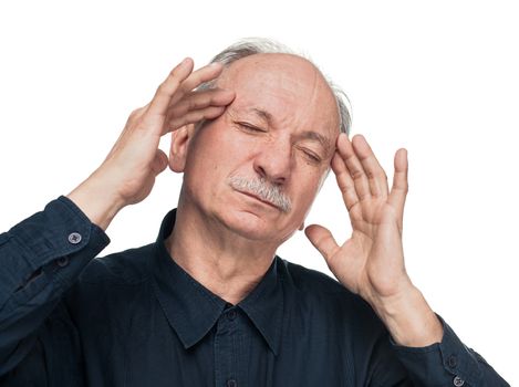 Elderly man suffering from a headache isolated on white