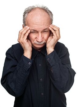 Old man suffering from a headache isolated on white