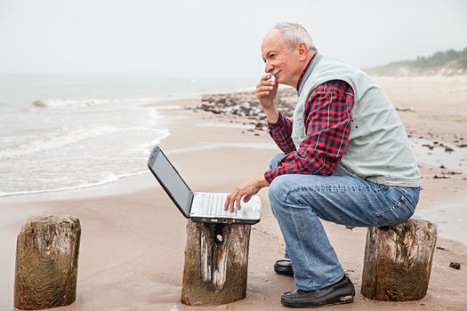 Senior businessman on beach working with notebook