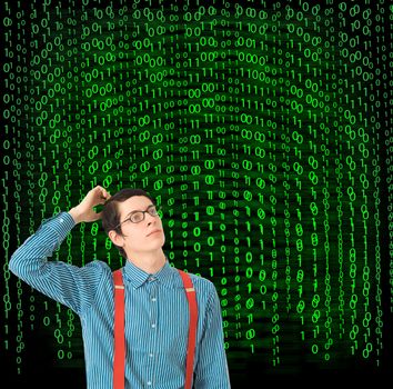 Nerd geek businessman, student or teacher with binary on blackboard background