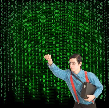 Nerd geek businessman, student or teacher with binary on blackboard background