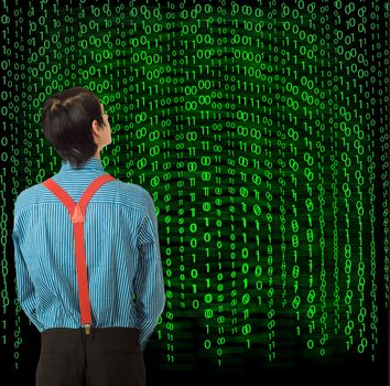 Nerd geek businessman, student or teacher with binary on blackboard background