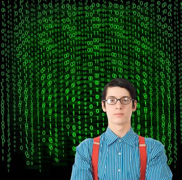 Nerd geek businessman, student or teacher with binary on blackboard background