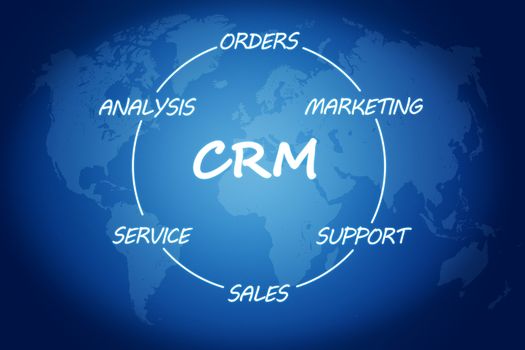 Customer Relationship Management concept on blue background with world map