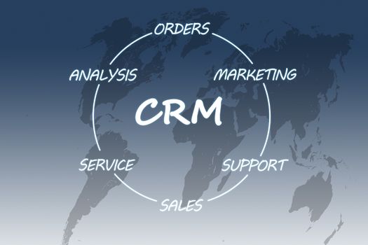 Customer Relationship Management concept on blue background with world map