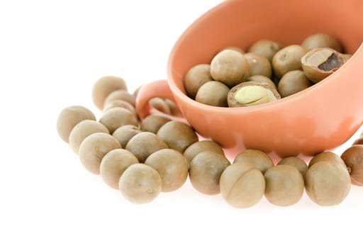  macadamia nuts and cup on white background