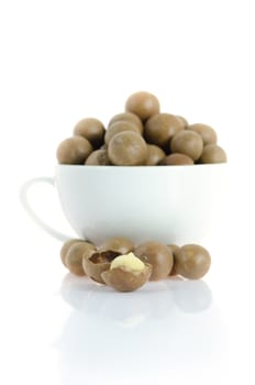  macadamia nuts in white  cup on white background