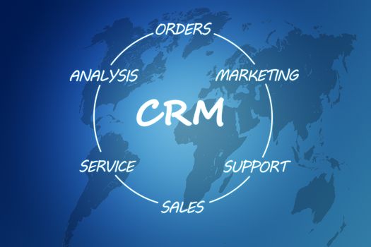 Customer Relationship Management concept on blue background with world map