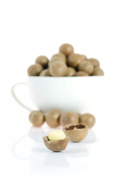 close up shelled  macadamia nuts on white background