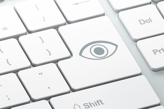 Protection concept: Enter button with Eye on computer keyboard, 3d render