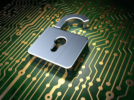 Privacy concept: circuit board with Opened Padlock icon, 3d render
