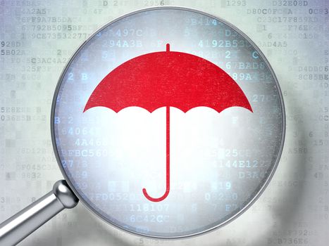 Magnifying optical glass with Umbrella icon on digital background, 3d render