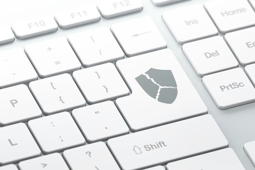 Security concept: enter button with Broken Shield on computer keyboard, 3d render, selected focus