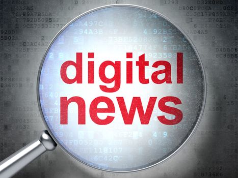 Magnifying optical glass with words Digital News on digital background, 3d render