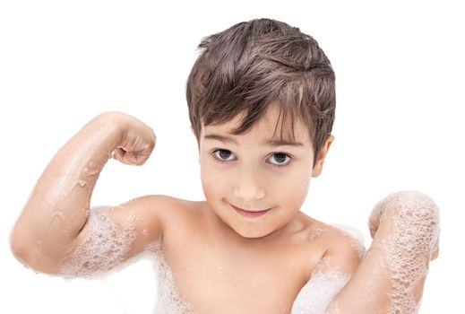 Boy washing in the bathroom and shows muscles