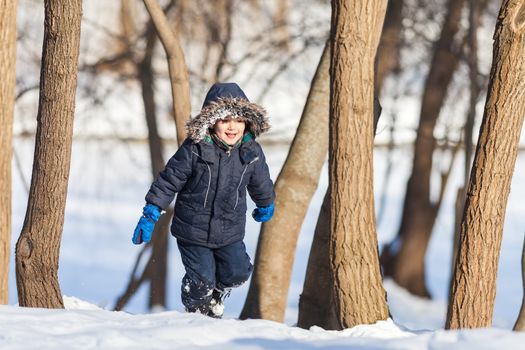 Cute boy walk in the winter park in sunny day