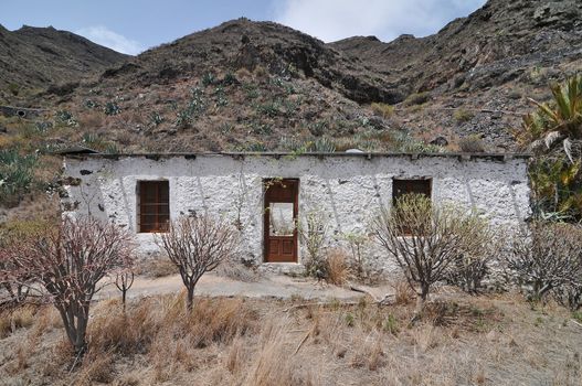 Empty White Abandoned Building in the Desert , in Canary Islands, Spain