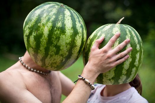 Humorous photo about love of two watermelons