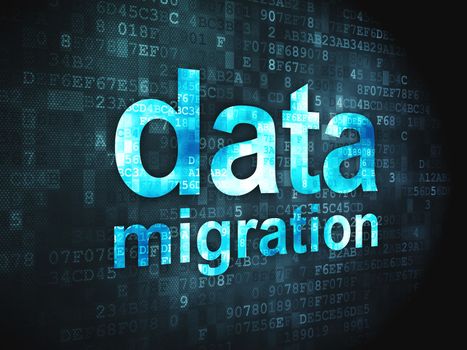 Information concept: pixelated words Data Migration on digital background, 3d render