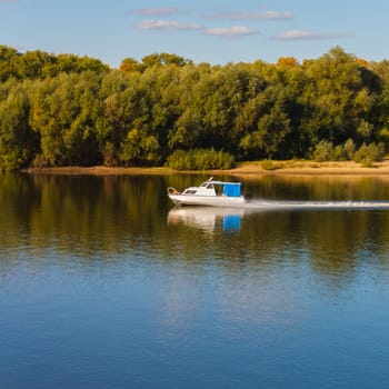 Ship On River. Autumn Forest Background