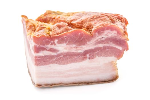 Closeup of Smoked Bacon Slab Cut over white background, Shallow Focus, Horizontal shot