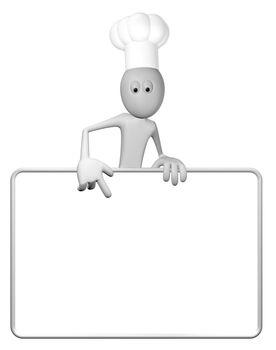 cartoon guy with cook hat and blank white board - 3d illustration
