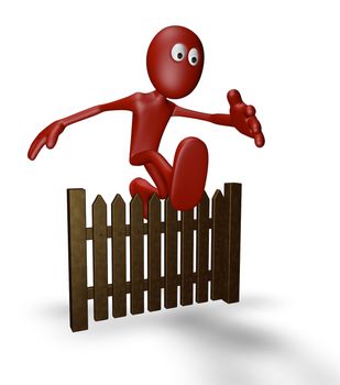 cartoon guy jumps over wooden fence - 3d illustration