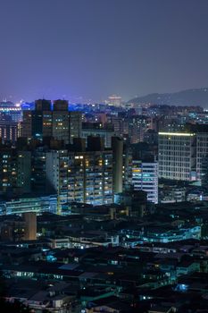 Colorful city night scene with modern skyscrapers, Taipei, Taiwan.