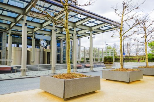 The area in front of the modern office building