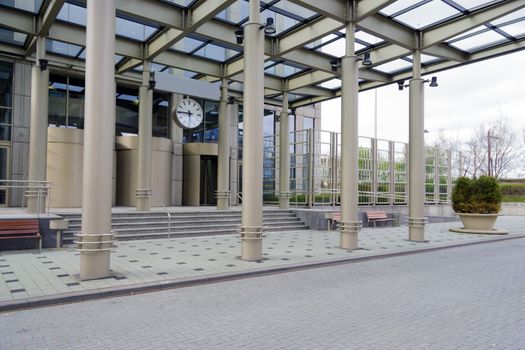 The area in front of the modern office building