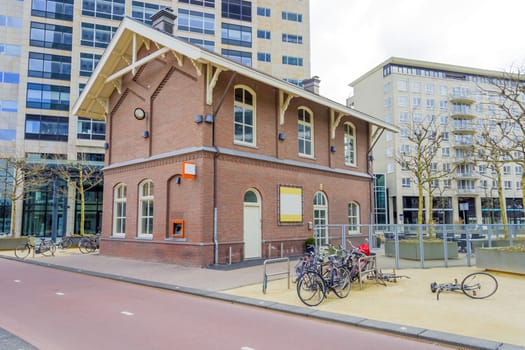Building in the traditional Dutch style against the background of the business center