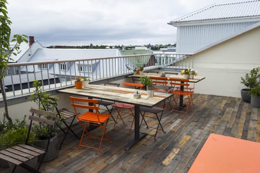 modern cafe interior during day, modern and simple decoration  on the terrace