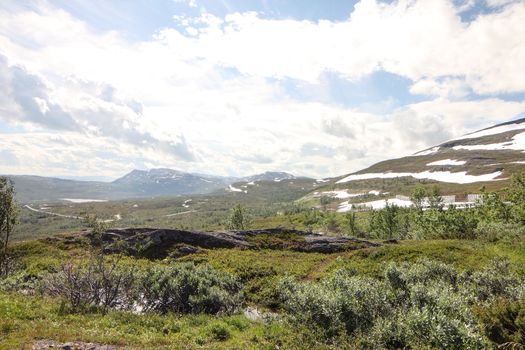 Northern Norway landscape with mountains and glacier in summer