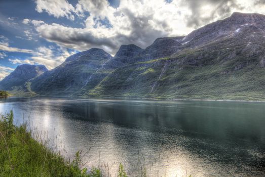 Arctic mountains and fjord in northern Norway at summer