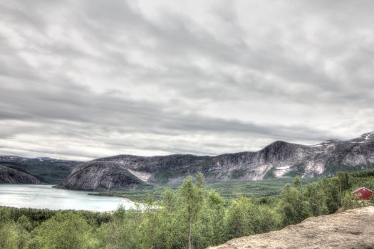 Northern  Norway landscape with fjord, mountains and forest