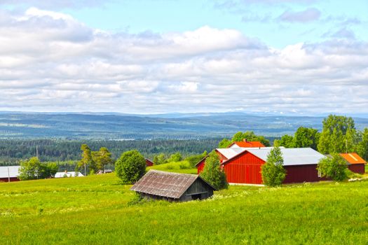 Landscape with mountains and scandinavian village at summer