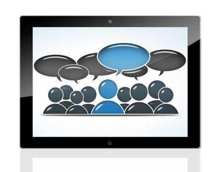 social media concept - conversation people with speech bubbles on a tablet pc