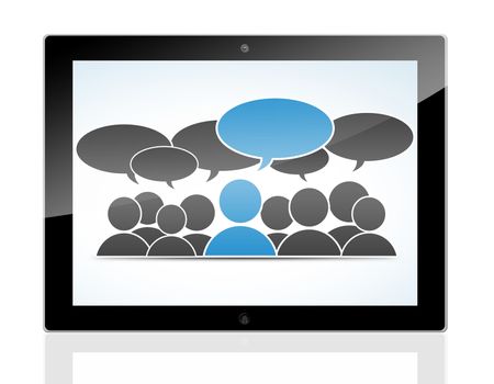 social media concept - conversation people with speech bubbles on a tablet pc