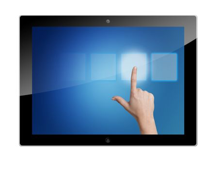 tablet pc with hand pressing a touchscreen button on blue background