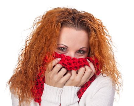 young red haired woman with scarf isolated on white