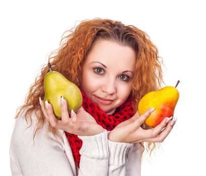 Red-haired girl with a pears isolated on white