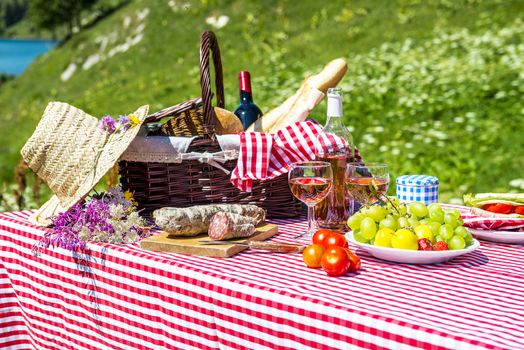 tasted picnic on the grass near a lake