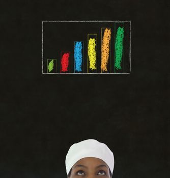 African or African American woman chef with chalk bar graph on blackboard background