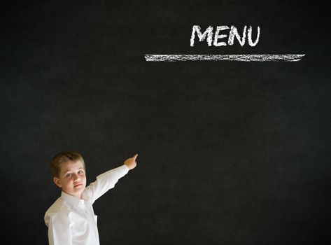 Thinking boy business man with chalk menu on blackboard background