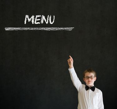 Thinking boy business man with chalk menu on blackboard background