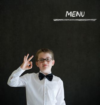 Thinking boy business man with chalk menu on blackboard background