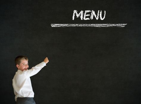 Thinking boy business man with chalk menu on blackboard background