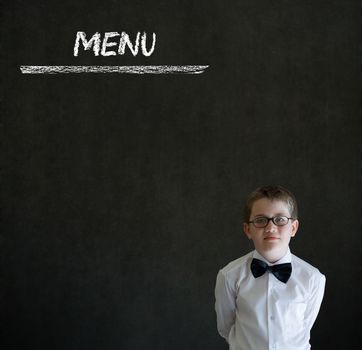 Thinking boy business man with chalk menu on blackboard background